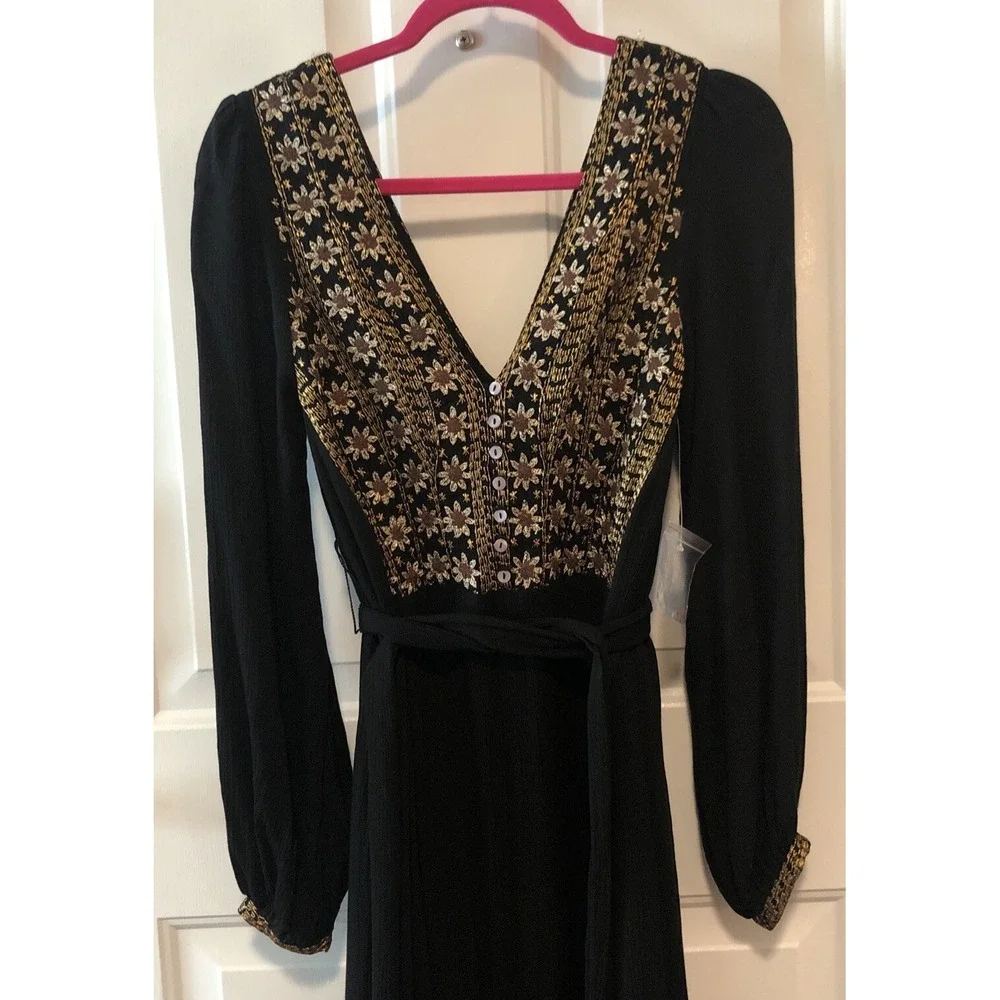FREE PEOPLE Women's Size XS HEARTS‎ DESIRE EMBROIDERED Maxi BLACK DRESS NEW